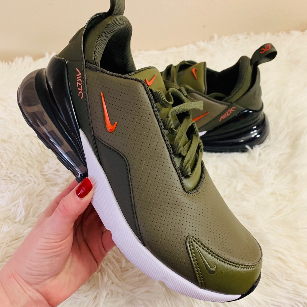 Nike Air Max 270 Olive Green with Orange Swoosh